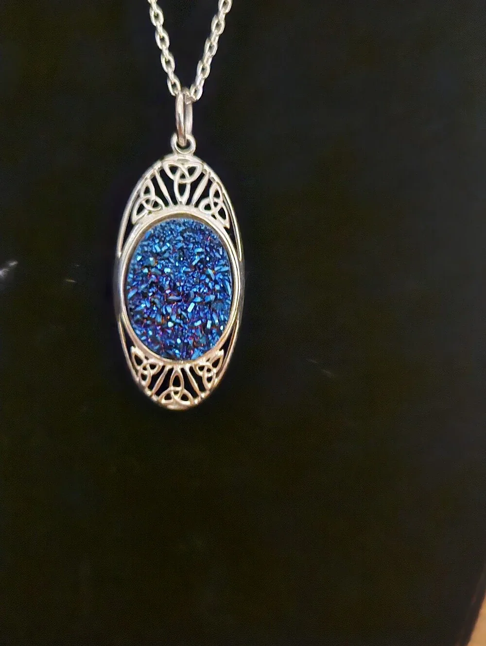 Silver Filigree Blue Druzy Drop Earrings , Chain And Pendent